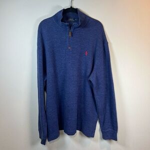 Polo Ralph Lauren Men's Quarter Zip Pullover Sweater Blue Heather Red Pony Sz XL